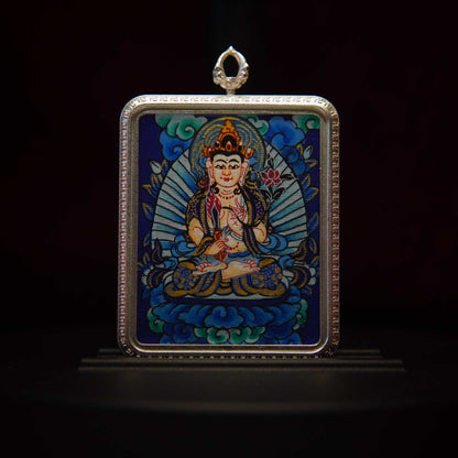Akasagarbha Bodhisattva Thangka Pendant Necklace featuring hand-painted divine imagery of Bodhisattva with ornate adornments, surrounded by cosmic motifs, set in a silver-toned frame.