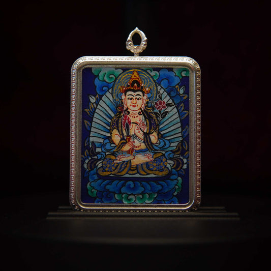 Akasagarbha Bodhisattva Thangka Pendant Necklace featuring hand-painted divine imagery of Bodhisattva with ornate adornments, surrounded by cosmic motifs, set in a silver-toned frame.