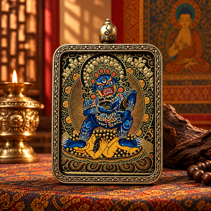 Black Jambhala miniature Thangka with intricate black and gold artwork