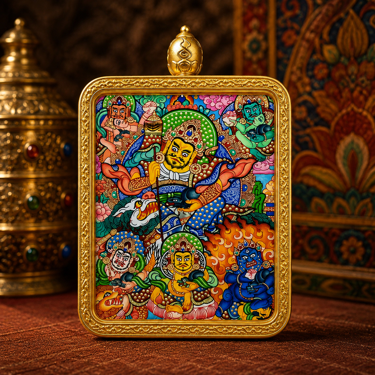 Colorful hand-painted Five Jambhalas miniature Tibetan Thangka