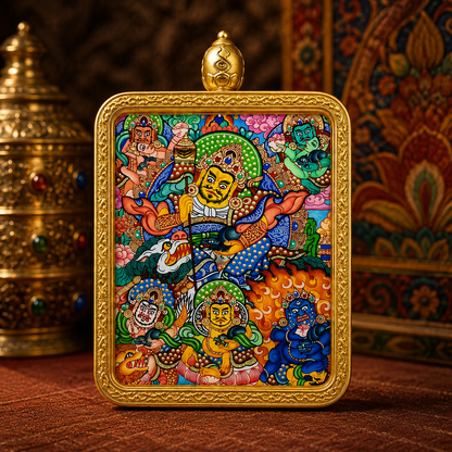 Colorful hand-painted Five Jambhalas miniature Tibetan Thangka