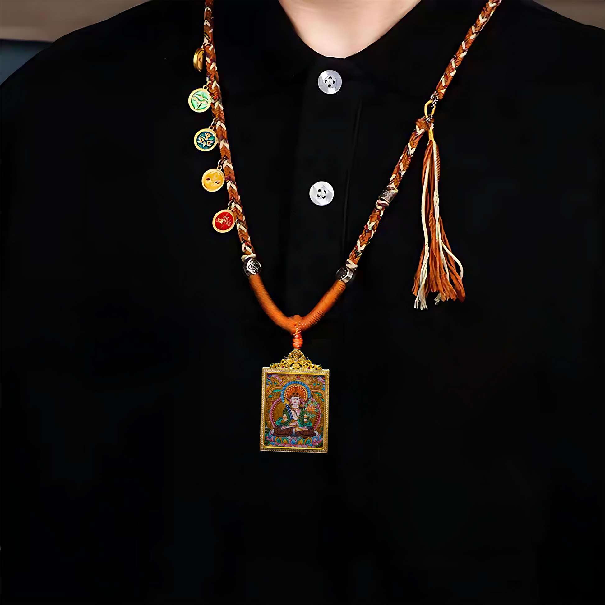 Handcrafted Akasagarbha Bodhisattva Necklace featuring celestial thangka pendant, adorned in sapphire blue, gold, and jade, symbolizing enlightenment and knowledge.