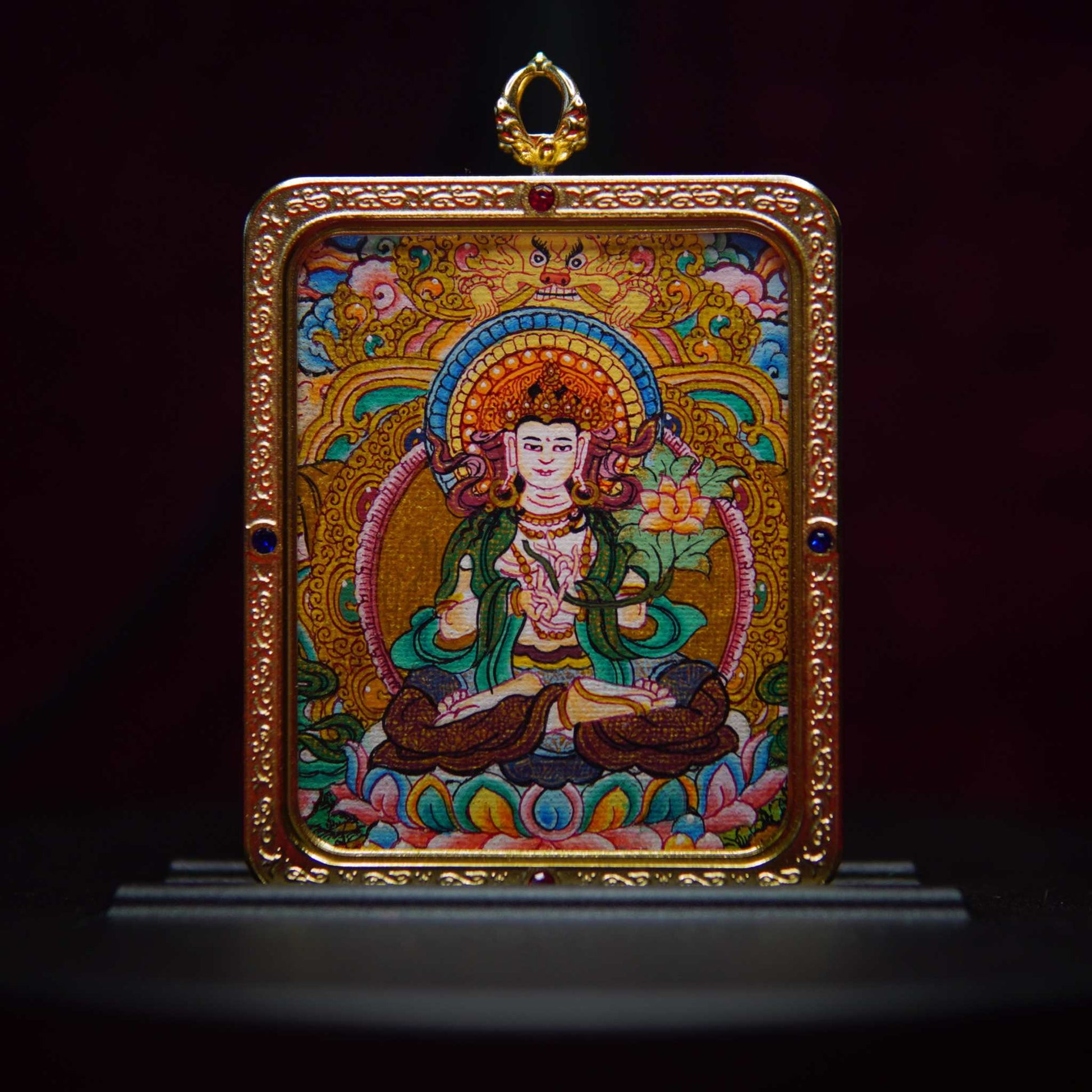 Hand-painted Vajra Wisdom Mahasthamaprapta Bodhisattva Thangka pendant with vibrant colors on a 24K gold frame, depicting serene Buddhist art.
