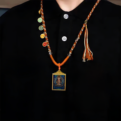 Akasagarbha Bodhisattva Thangka Pendant Necklace for wisdom and cosmic energy, featuring hand-painted divine imagery and traditional Tibetan patterns.