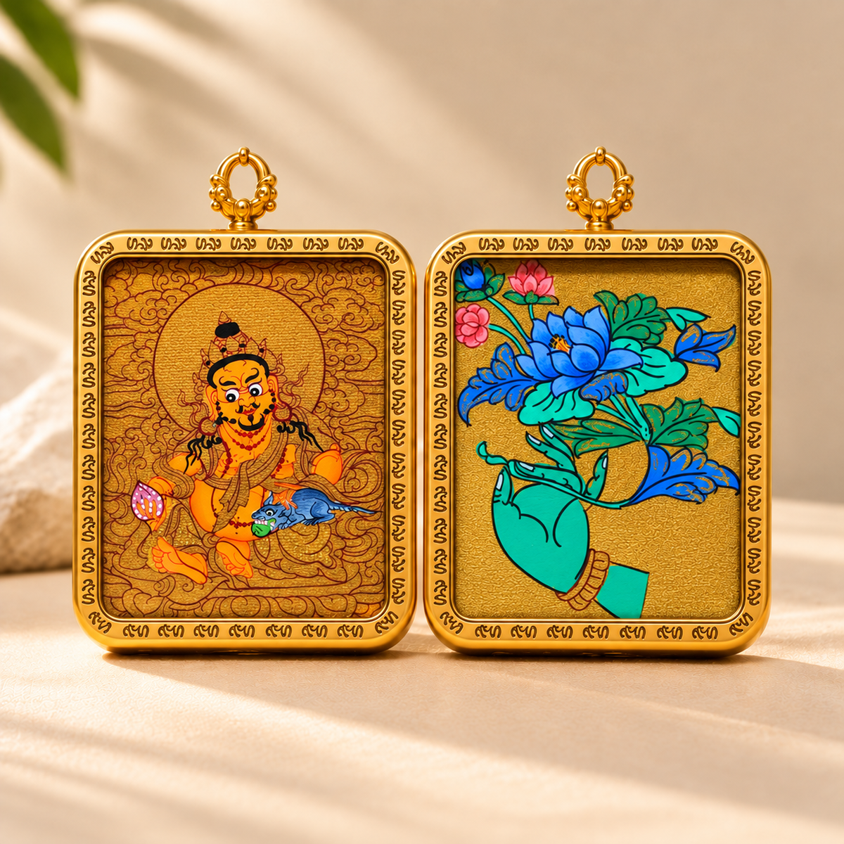 Double-sided  Yellow Jambhala Tibetan Thangka pendant Necklace
