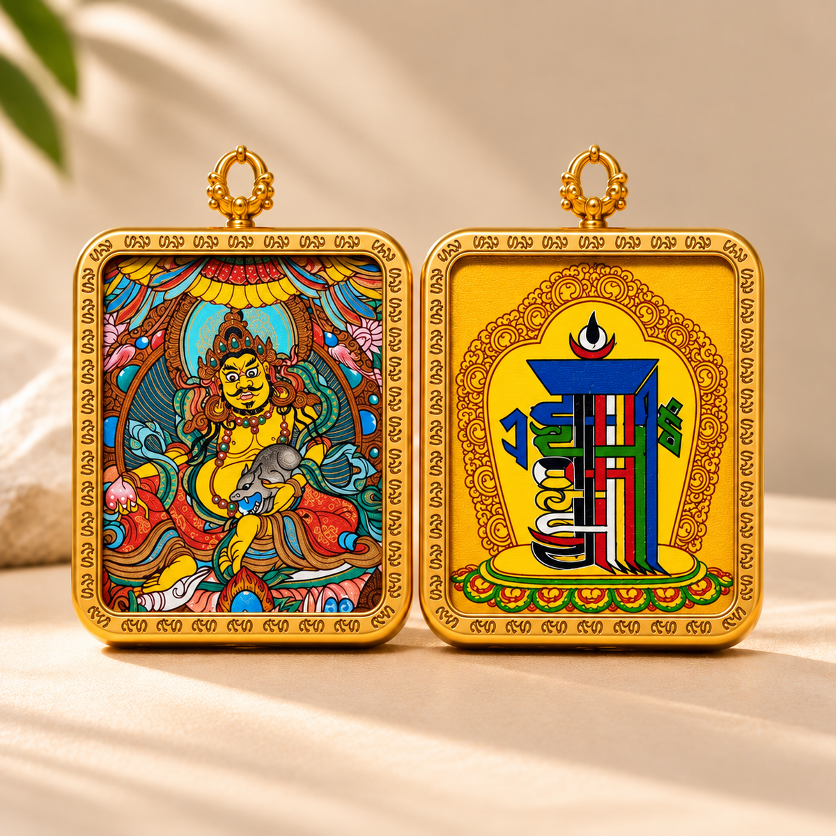 Double-sided Yellow Jambhala hand-painted Tibetan Thangka pendant Necklace