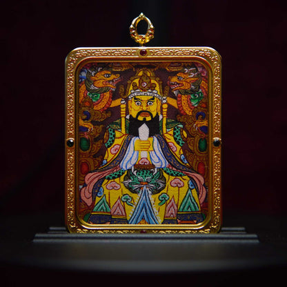 Hand-painted Dragon King Bodhisattva Thangka pendant with dragons, vibrant colors, and ornate golden frame.