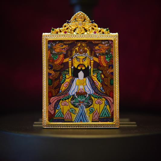 Hand-Painted Dragon King Bodhisattva Thangka pendant with vibrant colors and golden ornate frame.