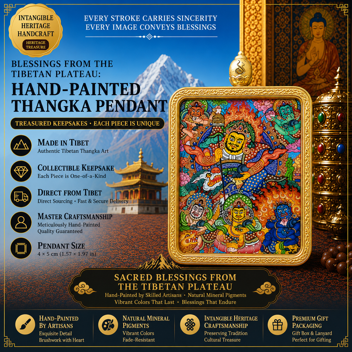 Five Jambhala forms depicted in detailed Tibetan Buddhist Thangka art