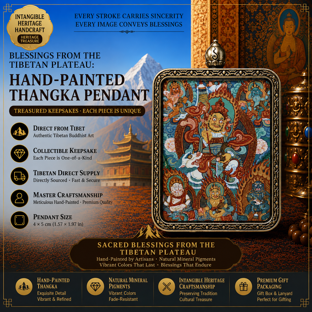 Five Wealth Deities Hand-Painted Thangka Pendant Necklace
