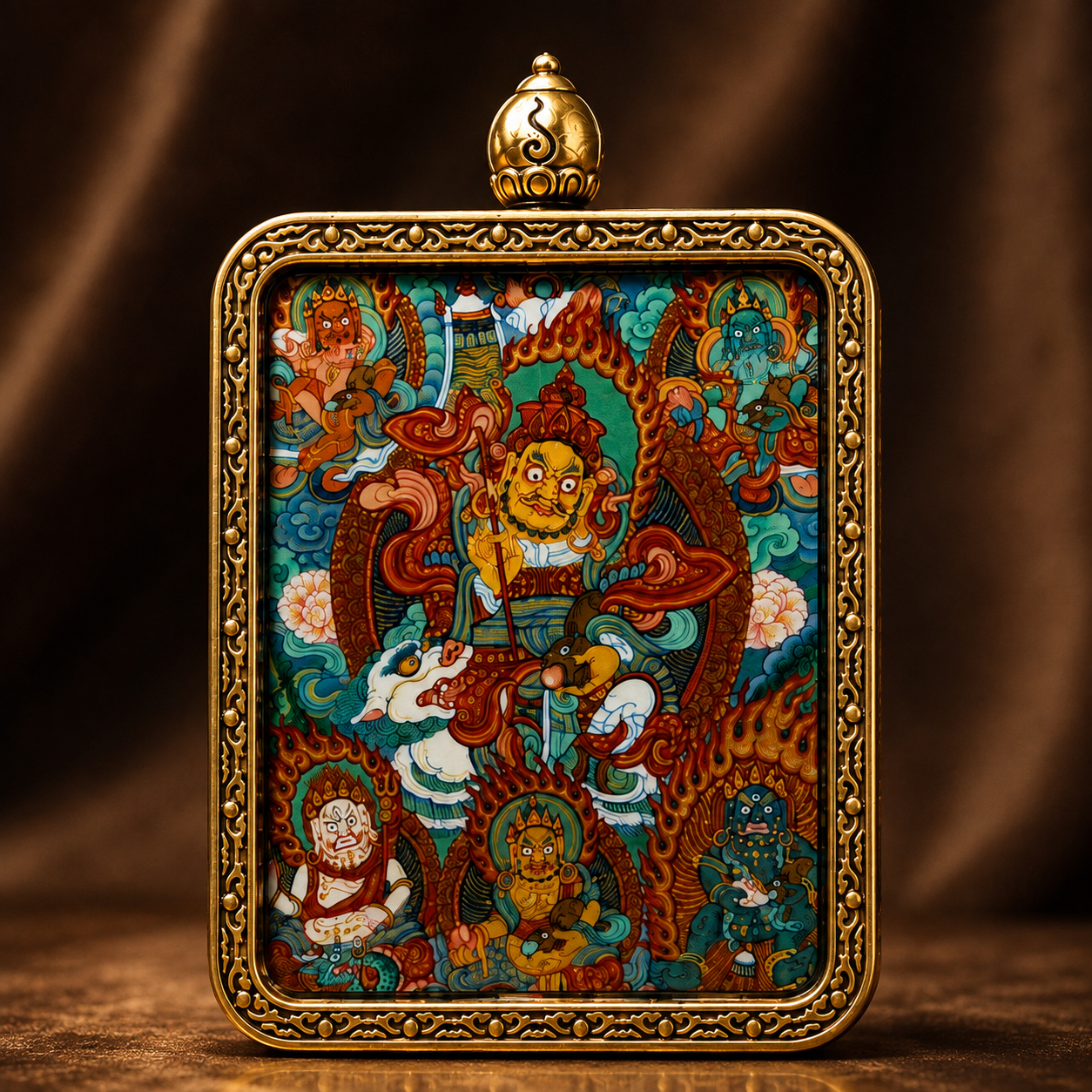 Five Wealth Deities Hand-Painted Thangka Pendant Necklace 1.1