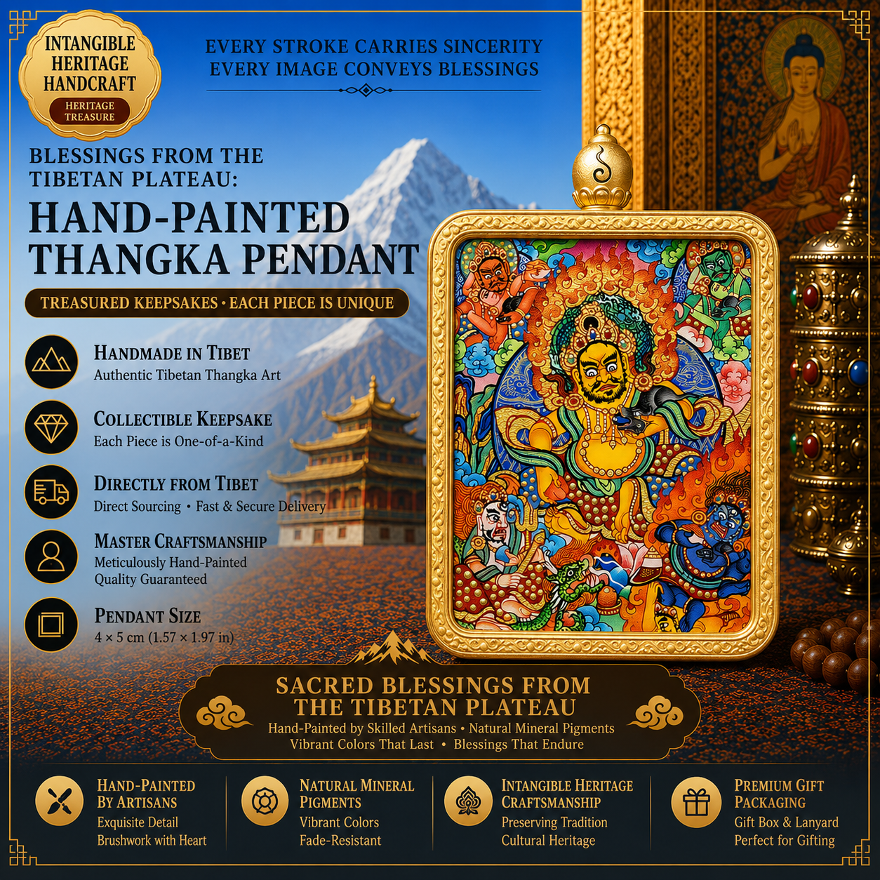 Five Wealth Deities Hand-Painted Thangka Pendant Necklace 1