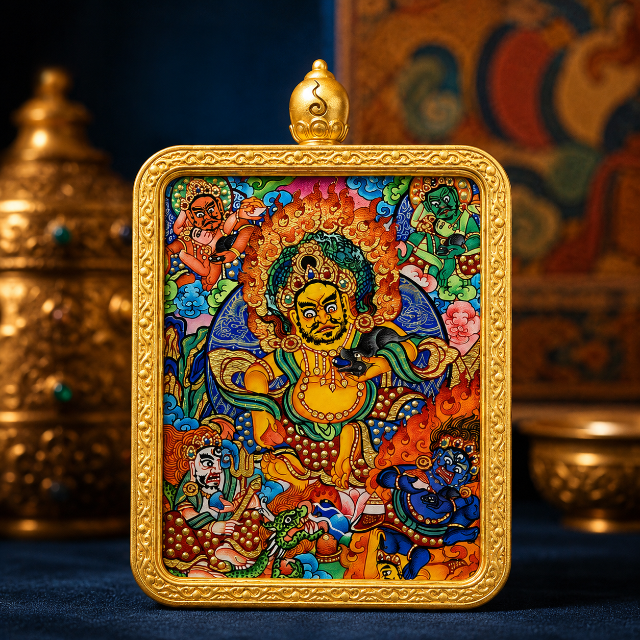 Five Wealth Deities Hand-Painted Thangka Pendant Necklace2.1