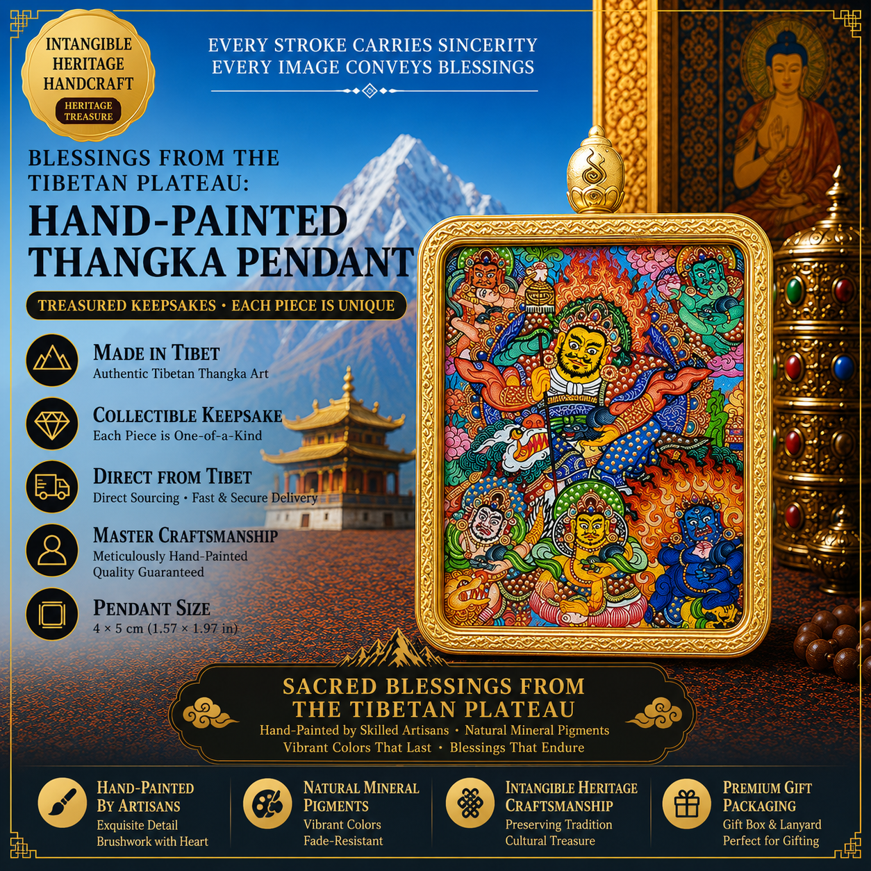 Five Wealth Deities Hand-Painted Thangka Pendant Necklace2