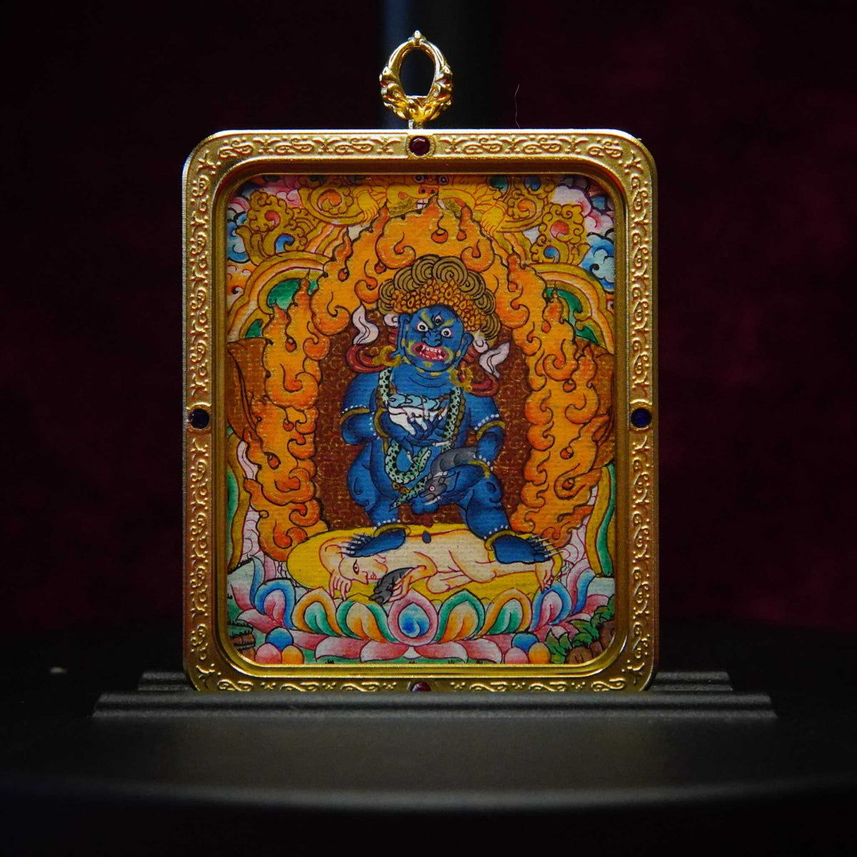 Hand-painted Black Jambhala Tibetan Thangka pendant front view