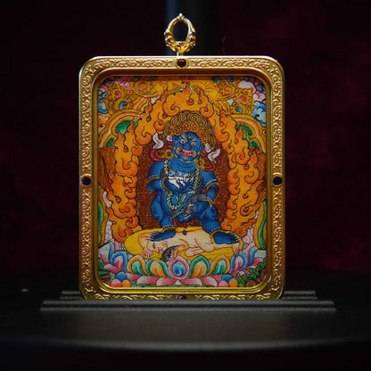 Hand-painted Black Jambhala Tibetan Thangka pendant front view