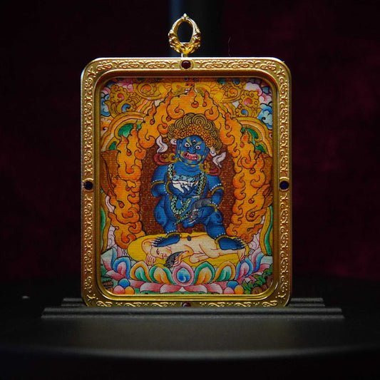 Hand-painted Black Jambhala Tibetan Thangka pendant front view