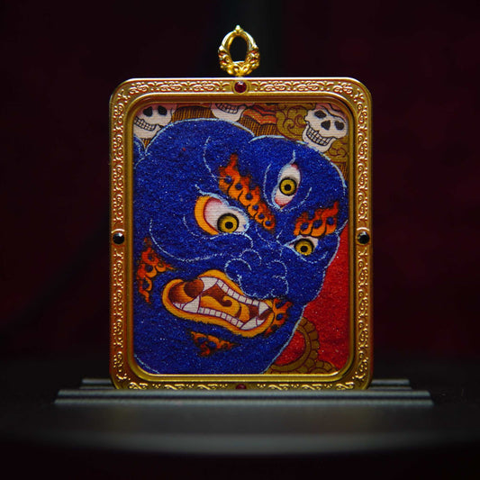 Mahakala Buddhist Pendant Necklace with Skull Crown and Golden Flames in Hand-Painted Thangka Art.