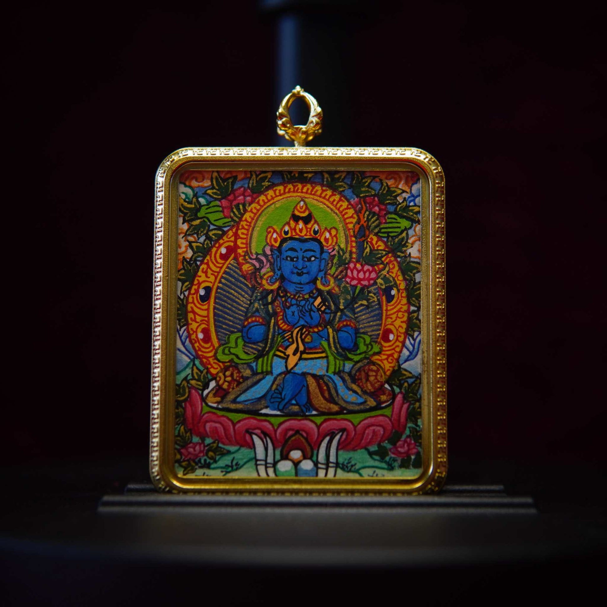 Mahasthamaprapta Bodhisattva Thangka Necklace featuring hand-painted sacred art in antique gold filigree frame.