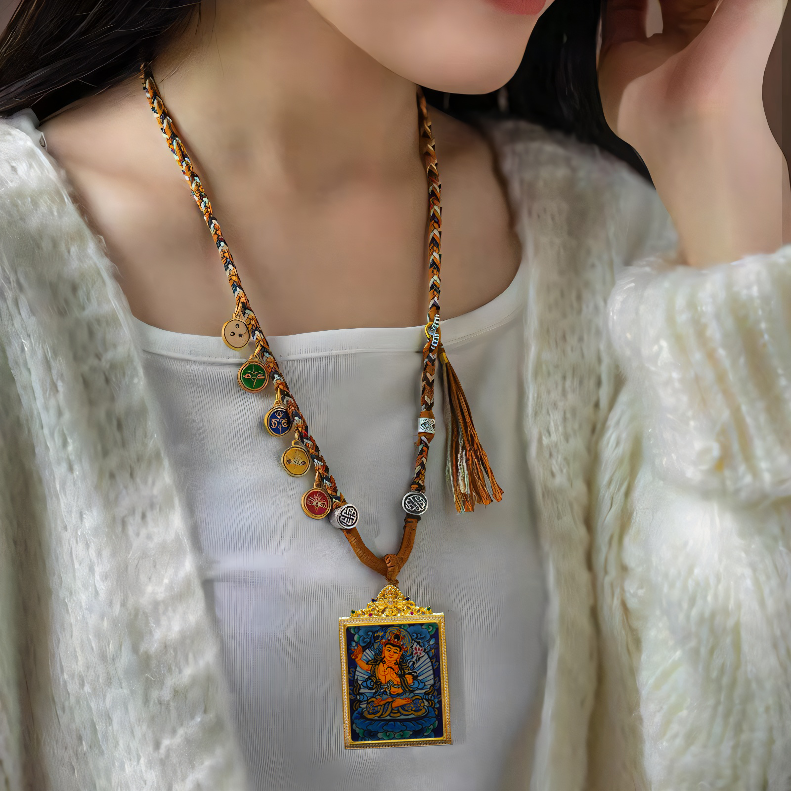 Sacred Wisdom Pendant featuring Manjushri Bodhisattva Thangka, handcrafted Tibetan jewelry for spiritual growth.