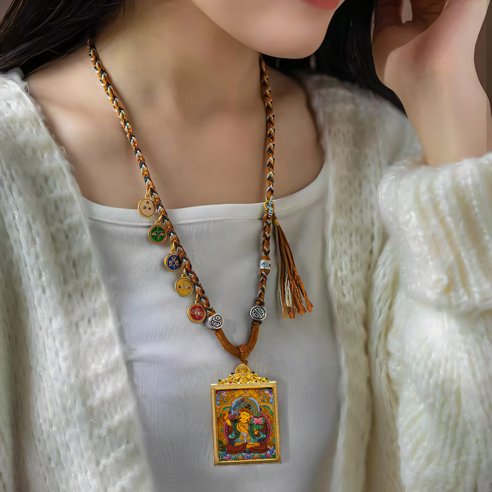 Hand-Painted Manjushri Wisdom Buddha Pendant necklace with Tibetan thangka design for clarity and spiritual growth.