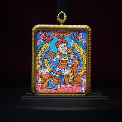 Tibetan Guru Rinpoche Pema Jungne Thangka pendant with golden frame – spiritual Buddhist amulet necklace