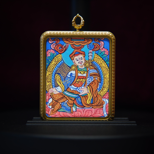 Tibetan Guru Rinpoche Pema Jungne Thangka pendant with golden frame – spiritual Buddhist amulet necklace