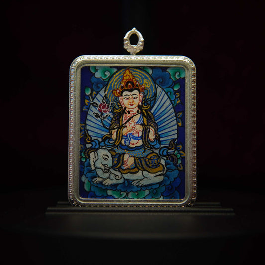 Samantabhadra Bodhisattva Thangka Pendant Necklace featuring intricate hand-painted Buddhist art with turquoise and gold details.