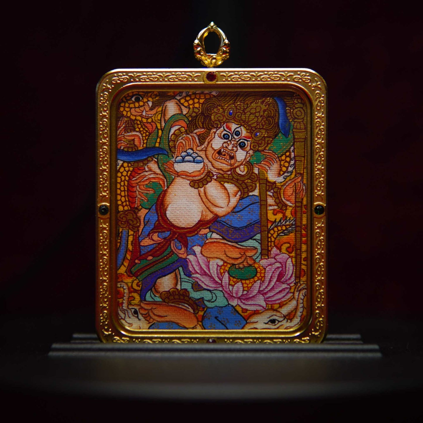 White six-armed Mahakala pendant in gold frame, Tibetan Buddhist protector, spiritual armor jewelry.