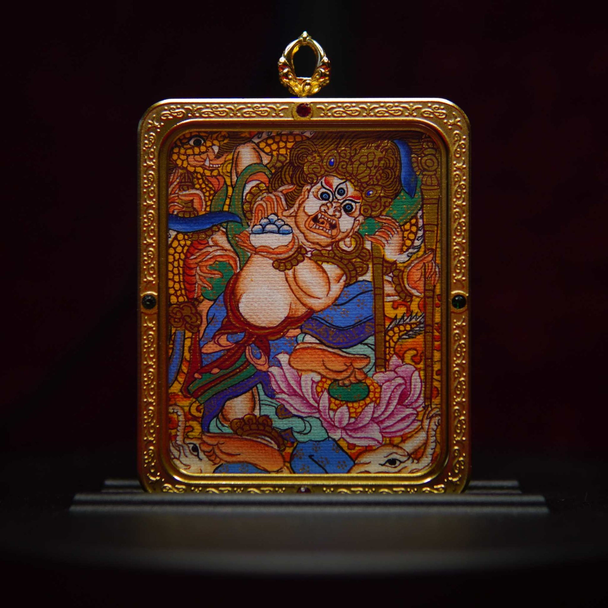White six-armed Mahakala pendant in gold frame, Tibetan Buddhist protector, spiritual armor jewelry.