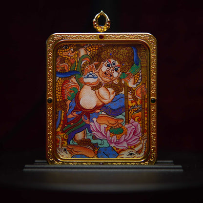 White six-armed Mahakala pendant in gold frame, Tibetan Buddhist protector, spiritual armor jewelry.