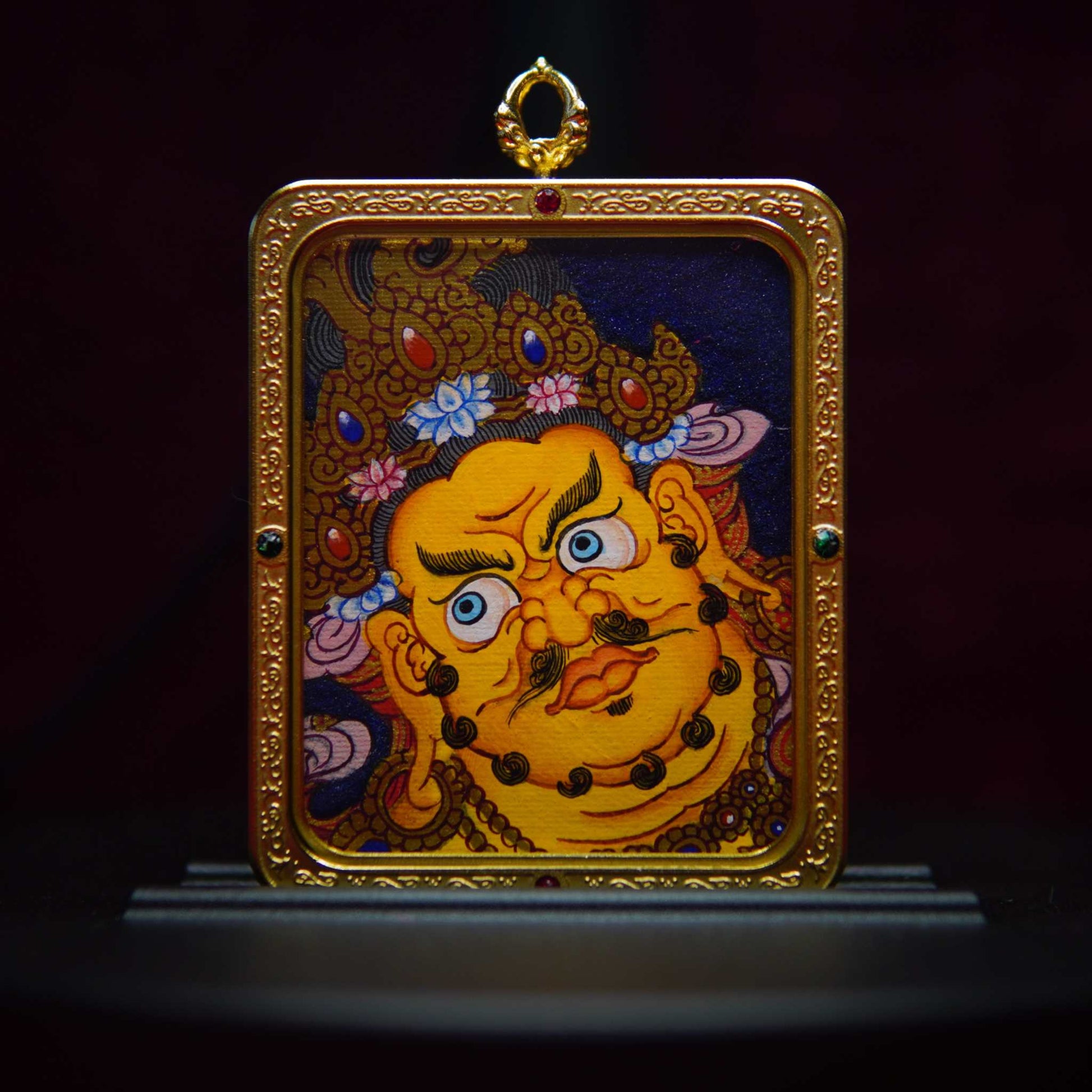 Handmade Yellow Jambhala Buddha Necklace with Gemstones and Gold Frame, Tibetan Buddhist Jewelry.