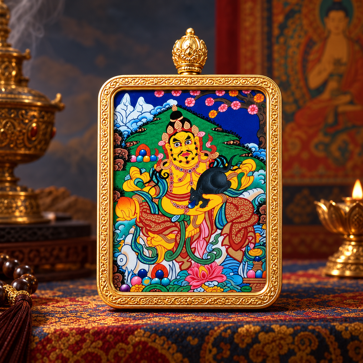 Yellow Jambhala Hand-Painted Thangka Pendant Necklace 1