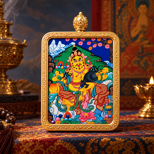 Yellow Jambhala Hand-Painted Thangka Pendant Necklace 1