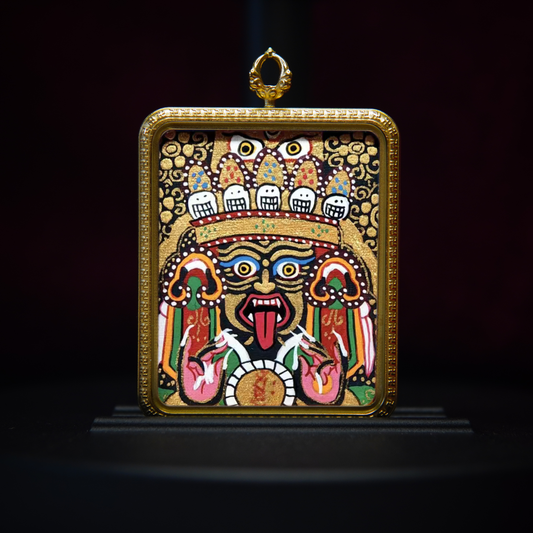 Zachyi Lhamo Tibetan thangka pendant in golden frame – fierce protective amulet necklace with wrathful goddess