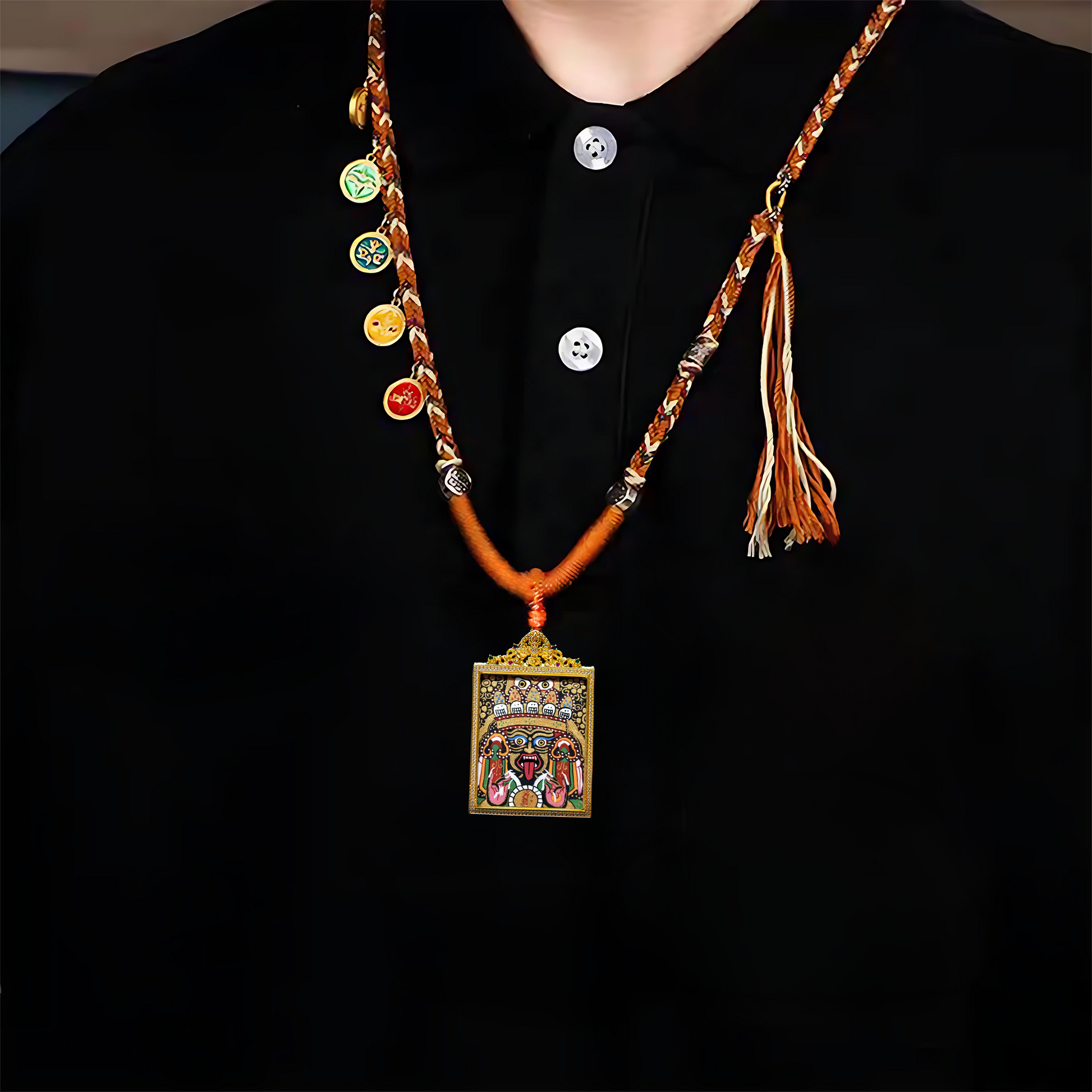 Zachyi Lhamo Tibetan thangka pendant in golden frame – fierce protective amulet necklace with wrathful goddess