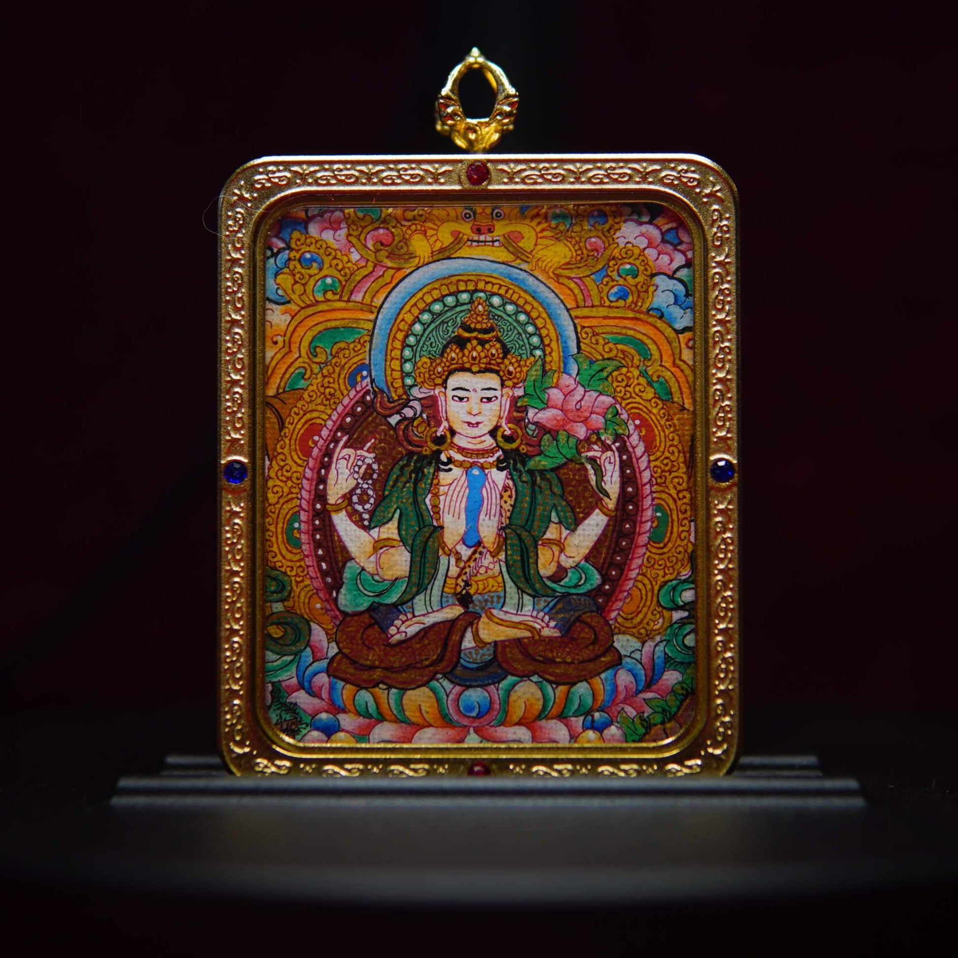 Avalokiteshvara Thangka Pendant - Gemstone-Studded Buddhist Art