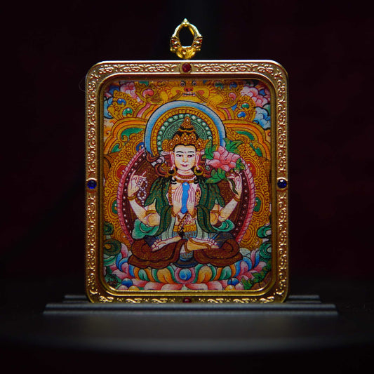 Avalokiteshvara Thangka Pendant - Gemstone-Studded Buddhist Art